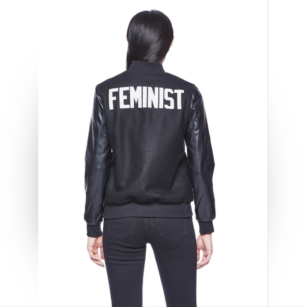 Hilary Macmillan Feminist Varsity Jacket in Black Sz S